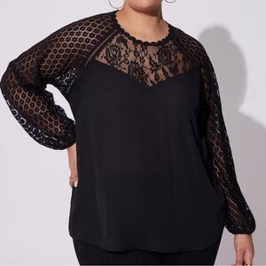 Torrid Black Georgette Lace Mix Sleeve Top